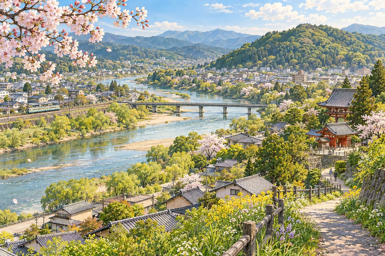 王寺の山並み・大和川・鉄道と町並みをイメージしたイラスト